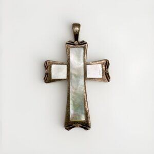 925 Sterling Silver Mother Of Pearl Shell Inlay Cross Pendant Religious 6.6g